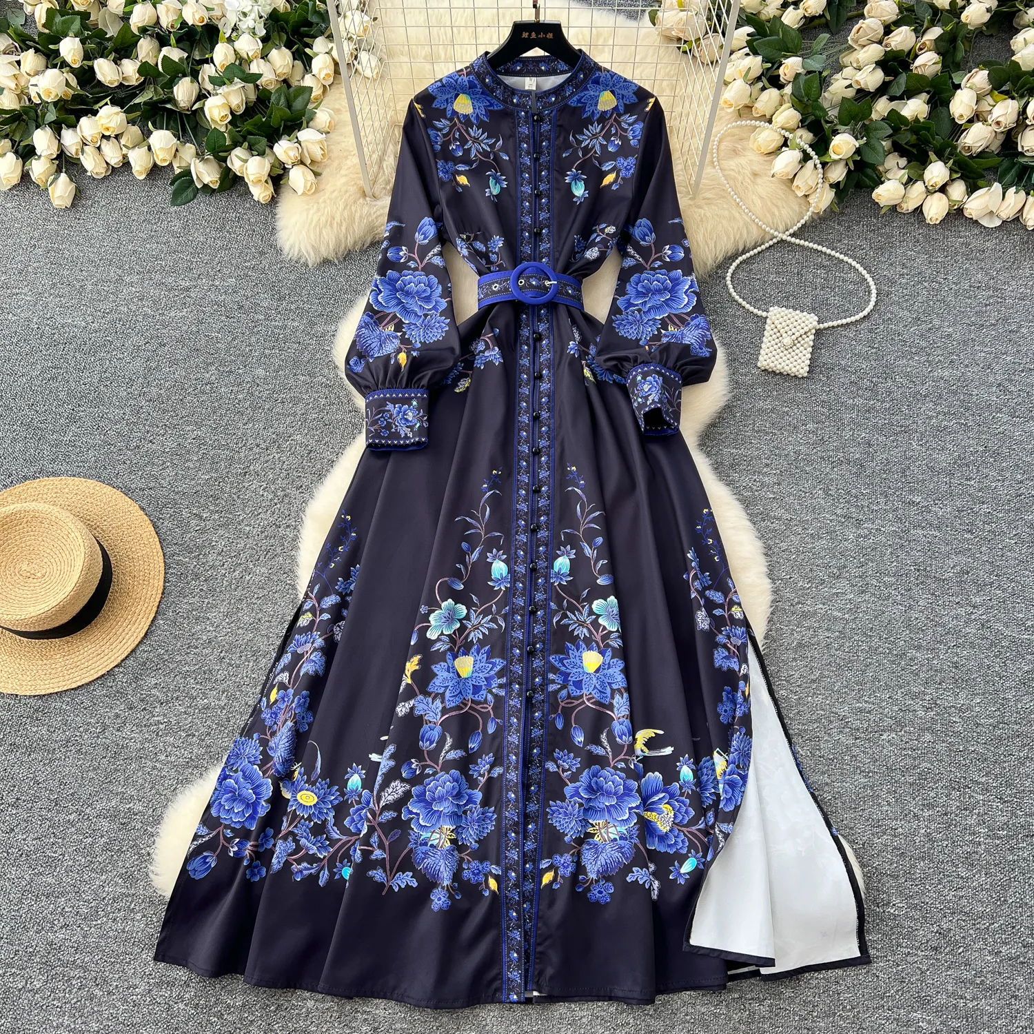 navy blue floral long sleeve dress Pale Blue Floral Mother of the Groom Dresses With V-Neck Long Sleeves Floor Length Evening Gown