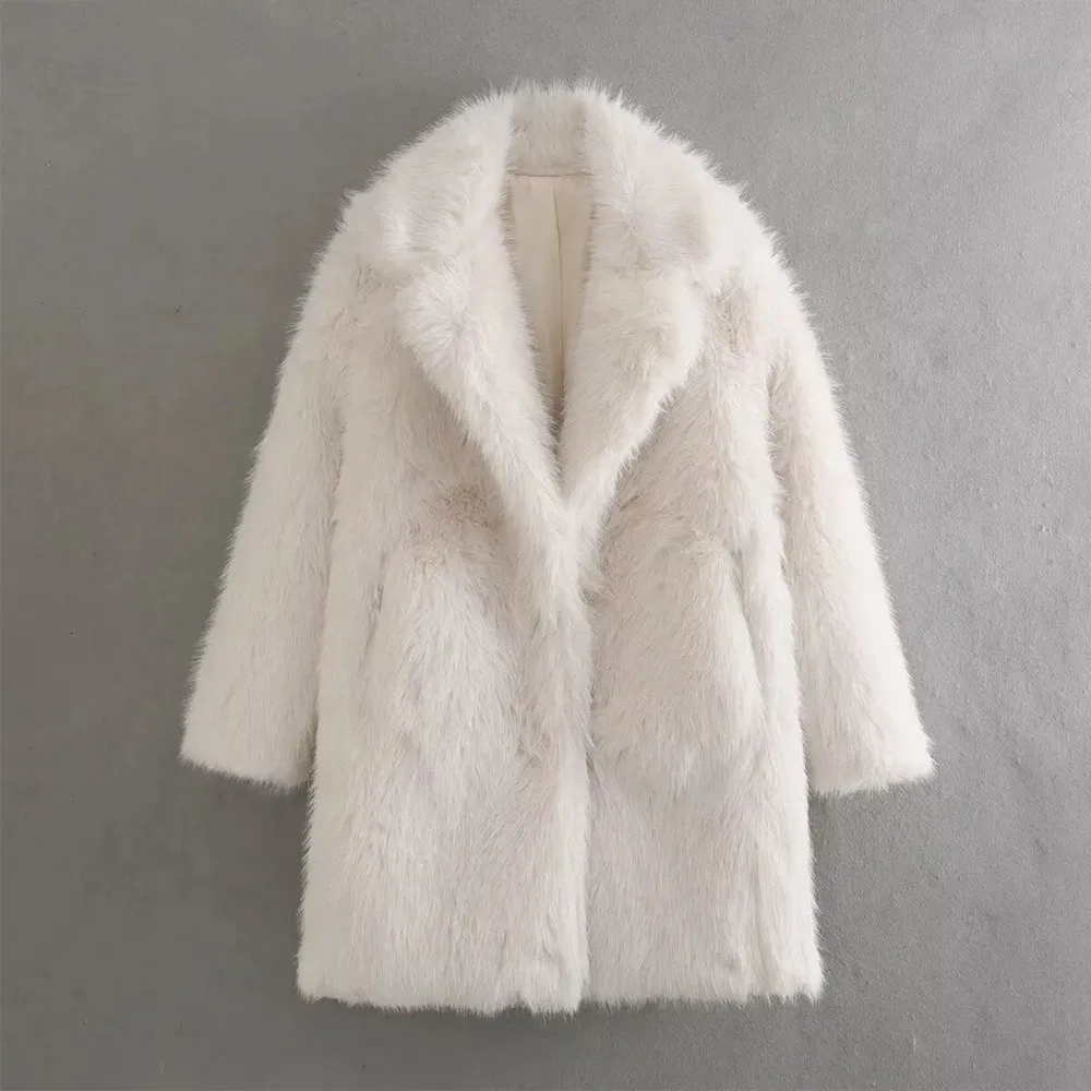 White Faux Fur Coat For Women Chic Long Sleeve Turn Down Collar