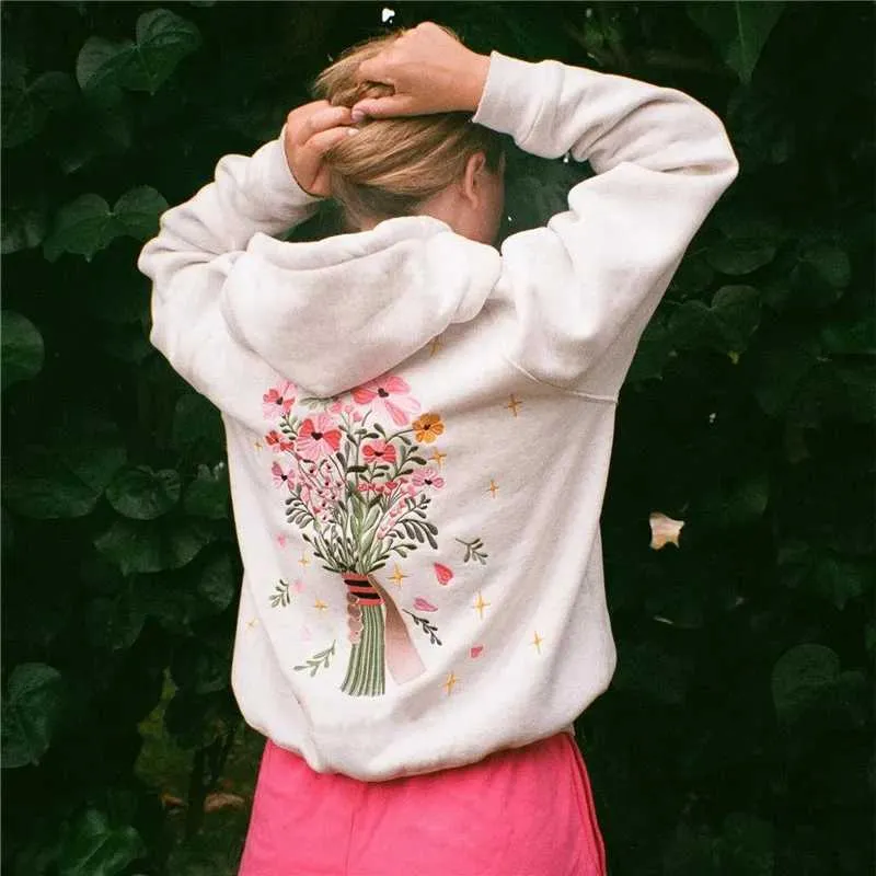 Ayu✿ Y2K Floral Print white fox hoodie - Retro Oversized Crew