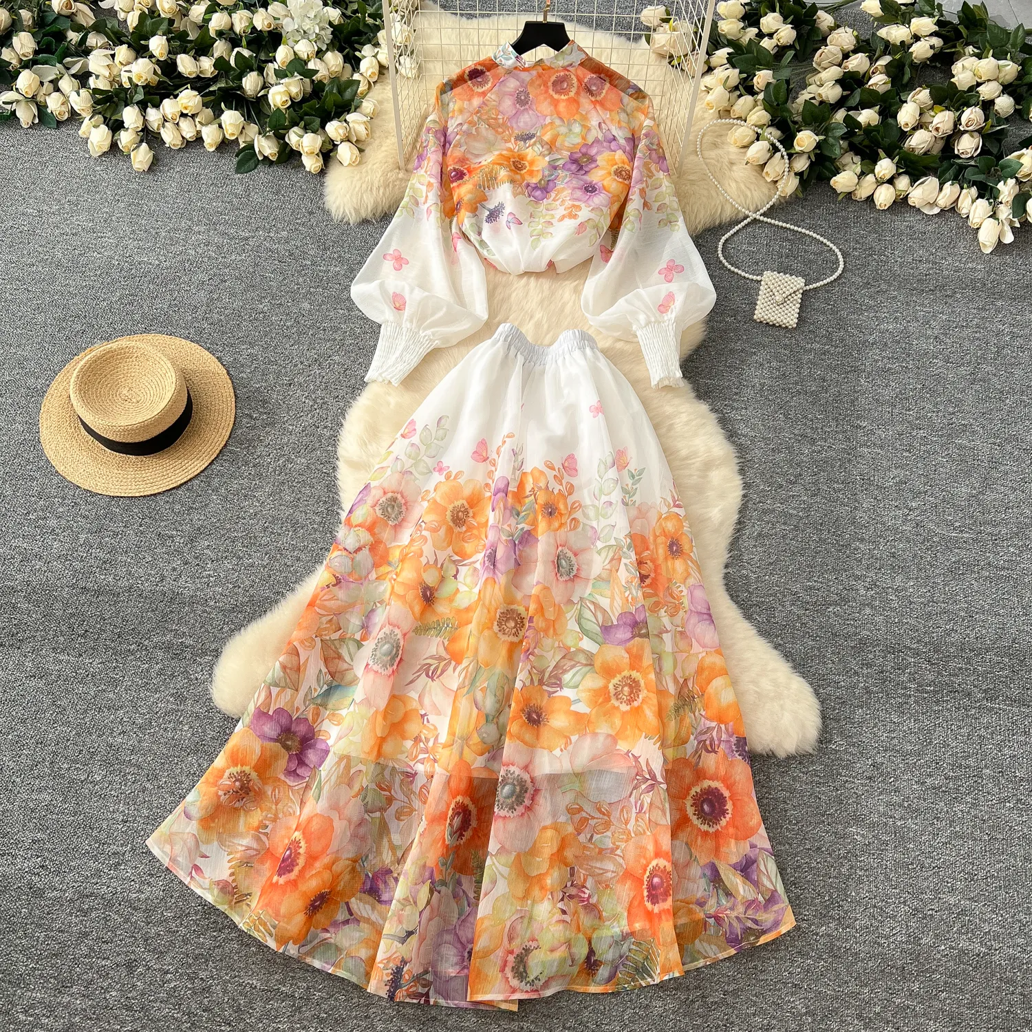 Elegant 2 Piece Summer Dress Floral Blouse A Line Skirt Set