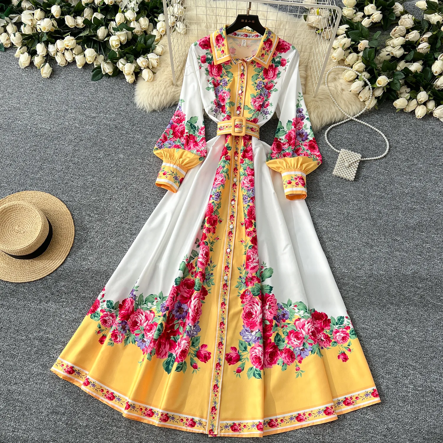 knee length dresses for ladies Women's Among The Wildflowers Beige Multi Floral Print Long Sleeve Maxi Dress | Size: L main image 0