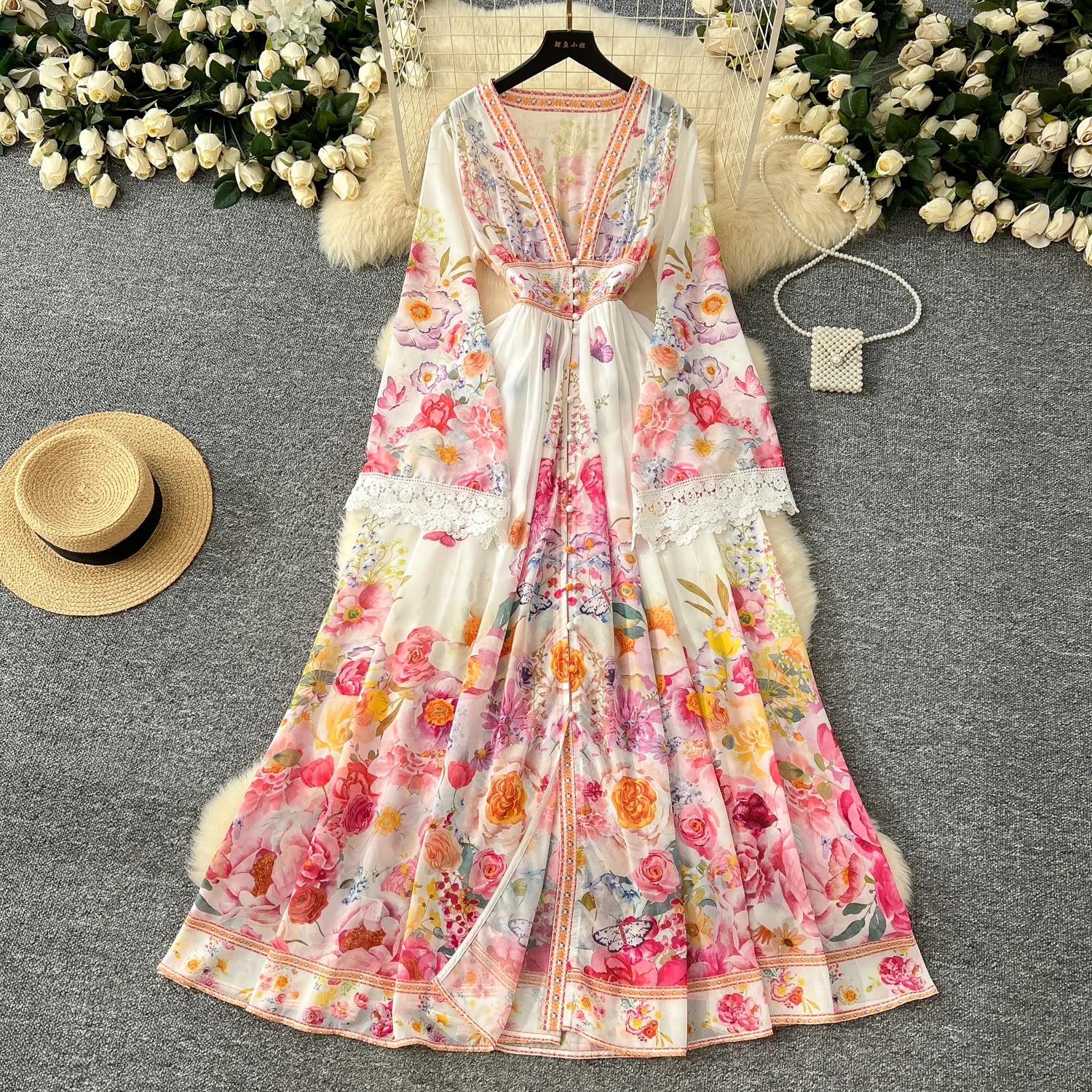 Casual Printed Deep V-Neck Flare sleeve Bohemian Maxi Dress Casual Printed Deep V-Neck Flare sleeve Bohemian Maxi Dress
