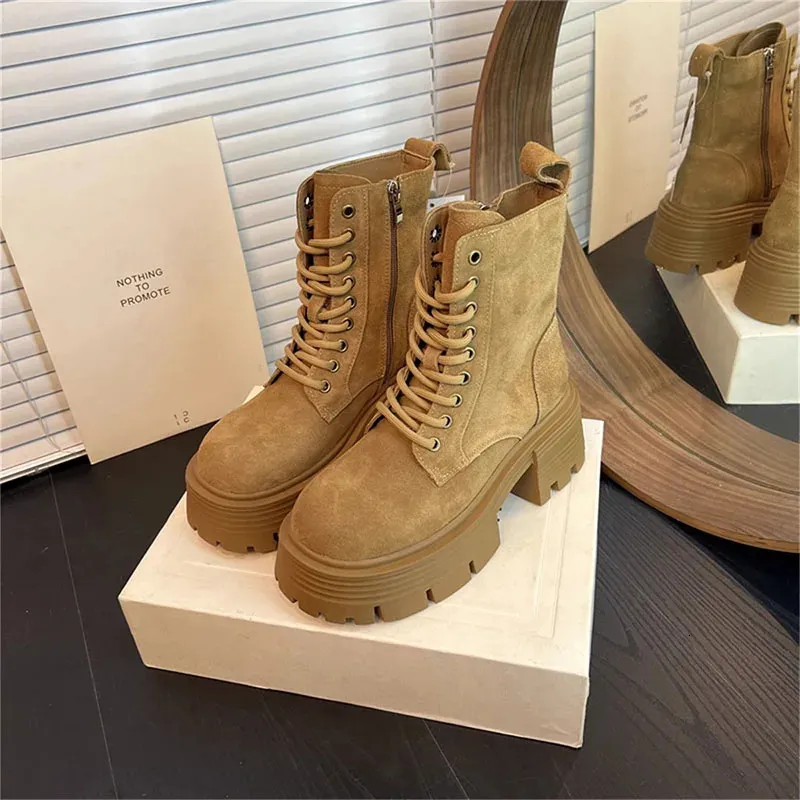 Women's Winter Motorcycle Boots Platform Lace Up Square Heel Shoes_voghion.com