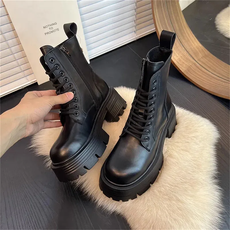 Women's Winter Motorcycle Boots Platform Lace Up Square Heel Shoes_voghion.com