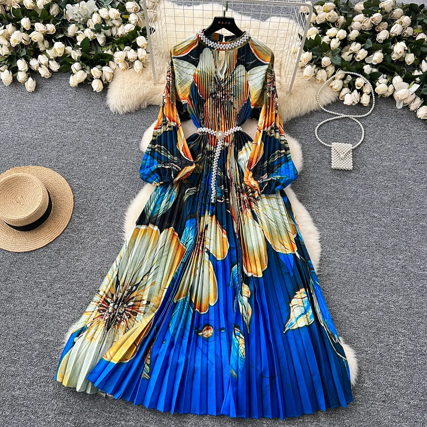 knee length dresses for ladies Nuichan women's chiffon maxi dress, long sleeve floral dress in green