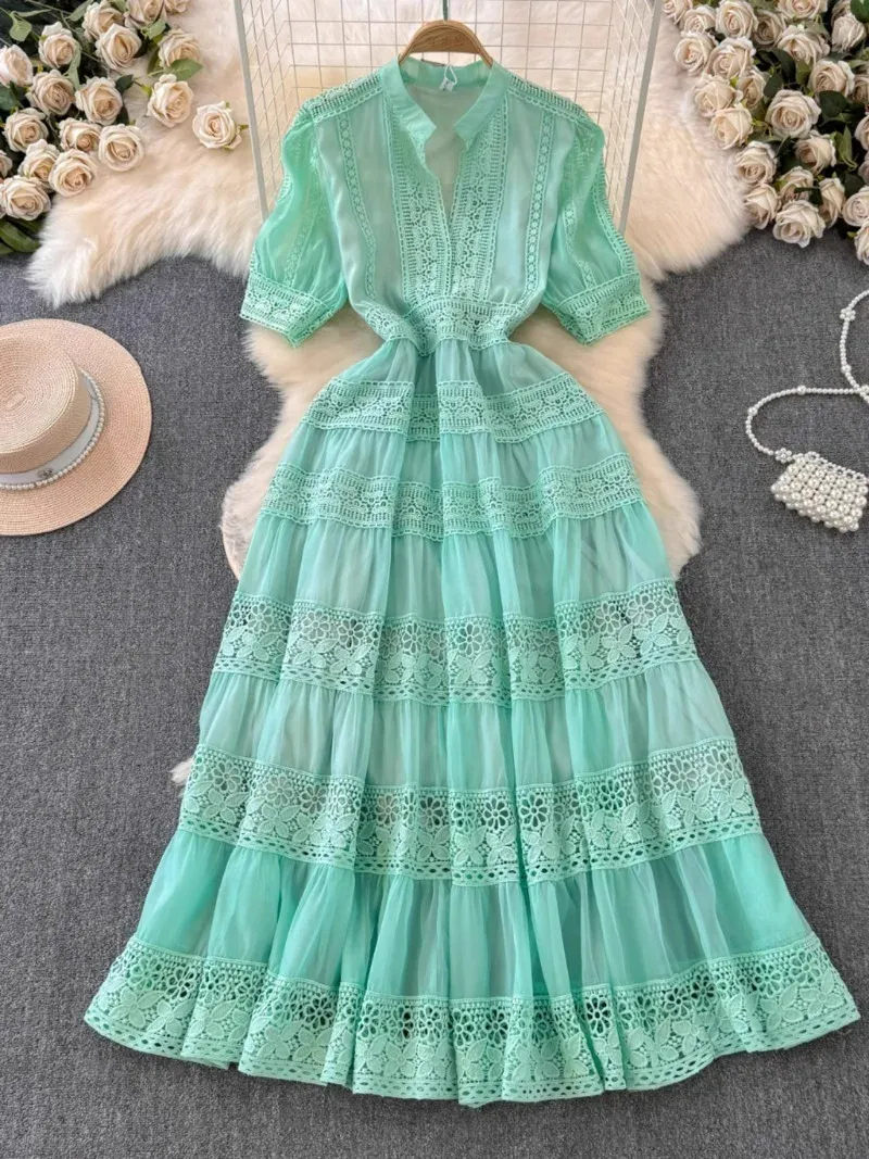 Fashion V-Neck High Waist Hollow Lace Long Sleeve Dress Fashion V-Neck High Waist Hollow Lace Long Sleeve Dress