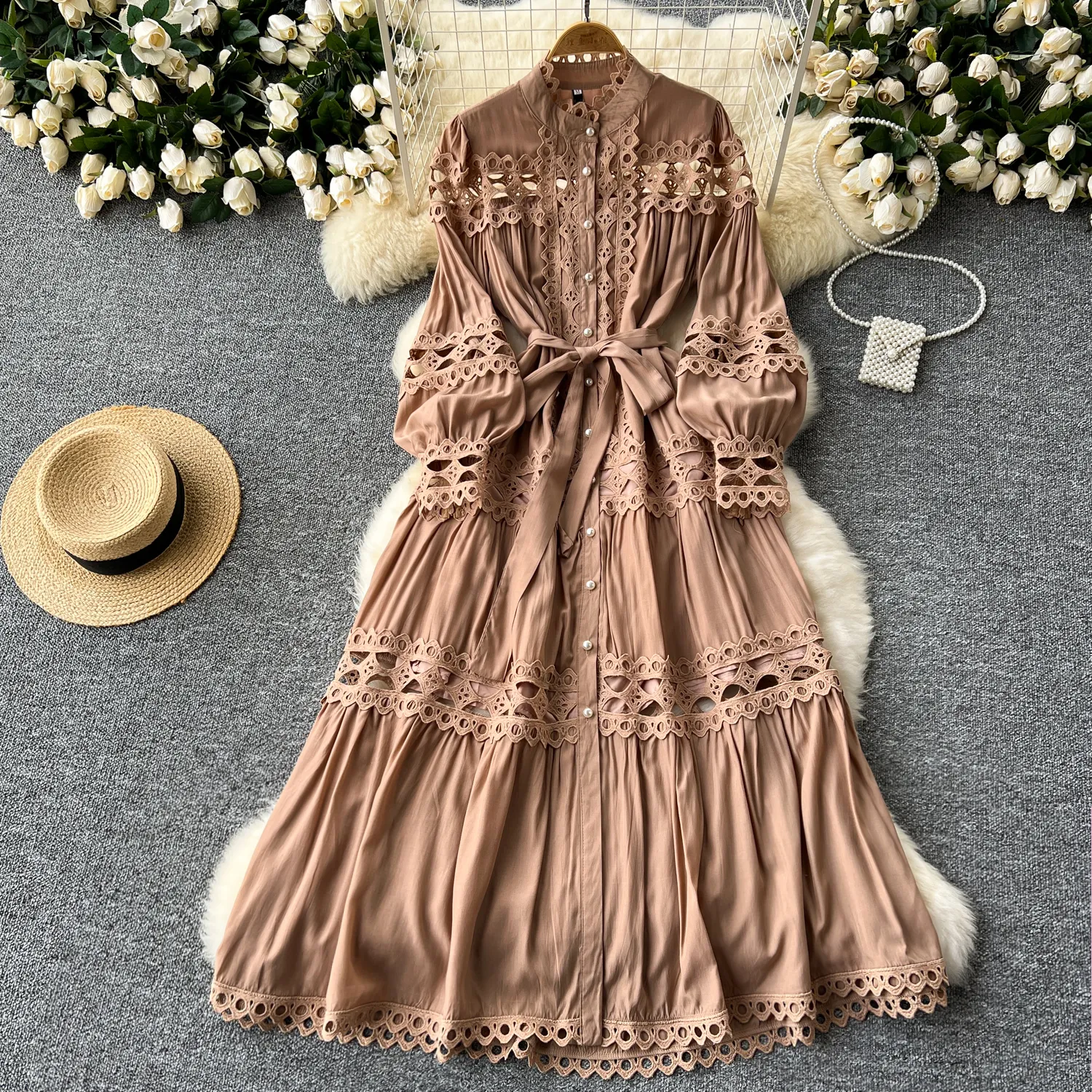 Autumn Hollow Out Embroidered Maxi Smocked Midi Dress with Stand Collar and Lantern Sleeves - Women's Casual Lace-Up Robe for Parties and Events (2025