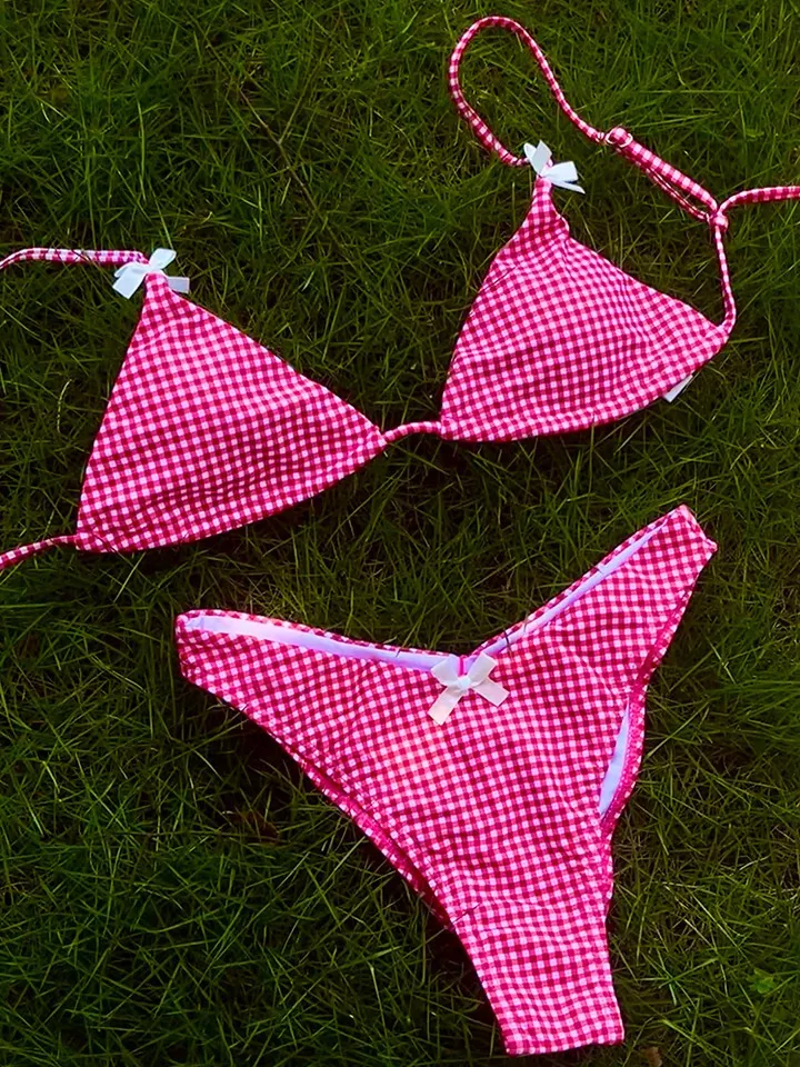 Women's Flat Weave Bikini Set Triangle Top, Low Waist Thong, Bandage ...