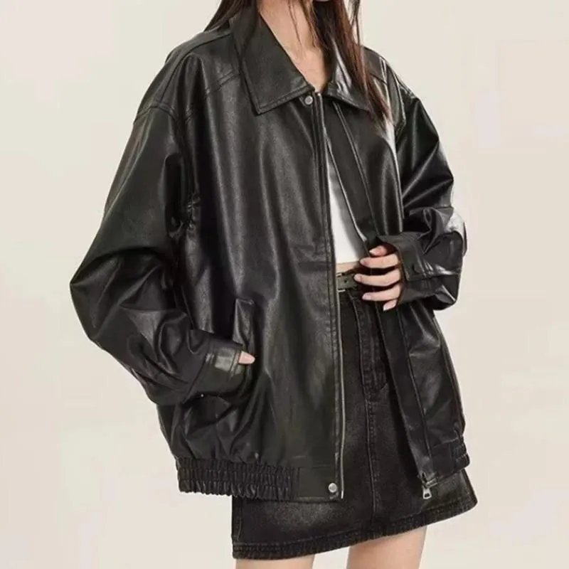 Black Leather Moto Jacket for Women - Oversized Y2K Lapel