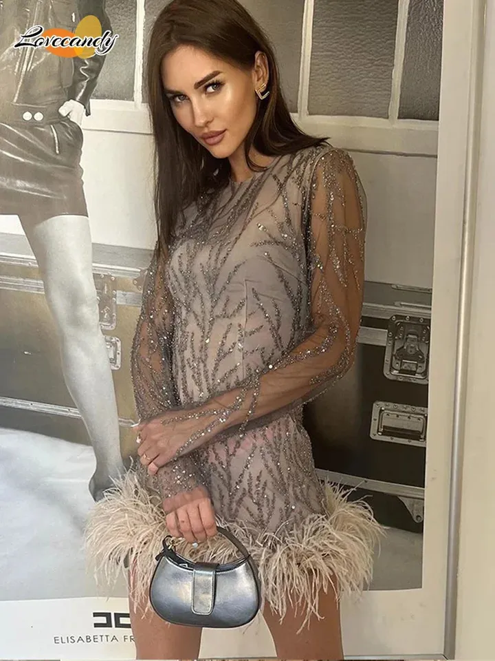 short dresses 2024 2024 Feather Sequins Partywear Mini Dresses Women Elegant Mesh Sheer  Sequined Long Sleeve Dress Lady Club Evening Vestidos 241209