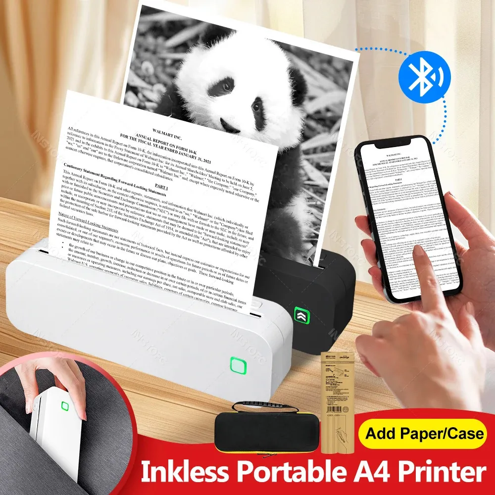 Portable A4 Inkless Thermal Printer with Bluetooth - Wireless