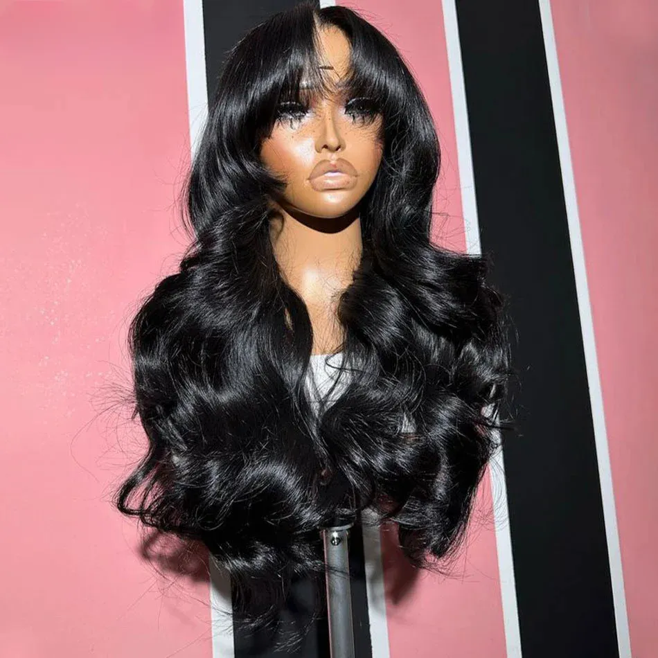 30 Inch Middle Part Long Lace Front Human Hair Wig With Bangs For