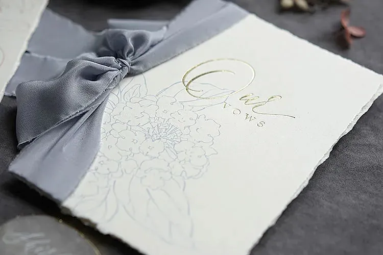 Teared Ribon Wedding Oath Cards With Silk Ribbon Hand Teared Edges, Bridal & Groom ...