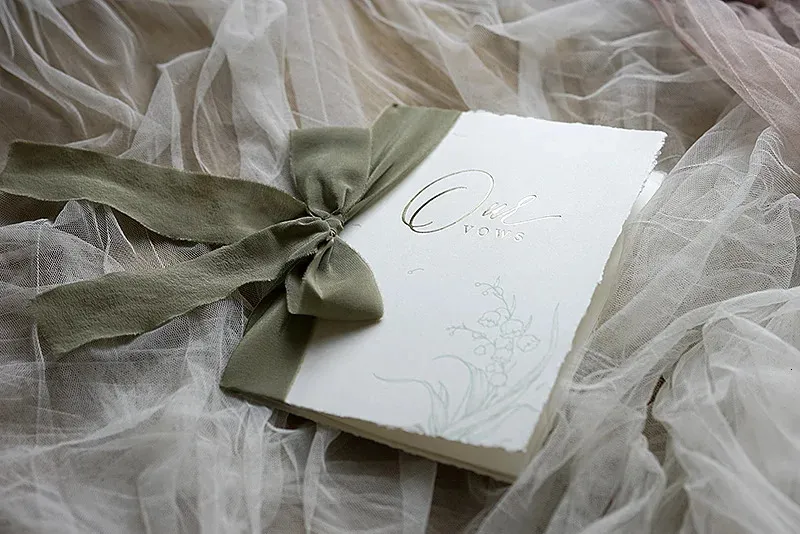 Teared Ribon Wedding Oath Cards With Silk Ribbon Hand Teared Edges, Bridal & Groom ...