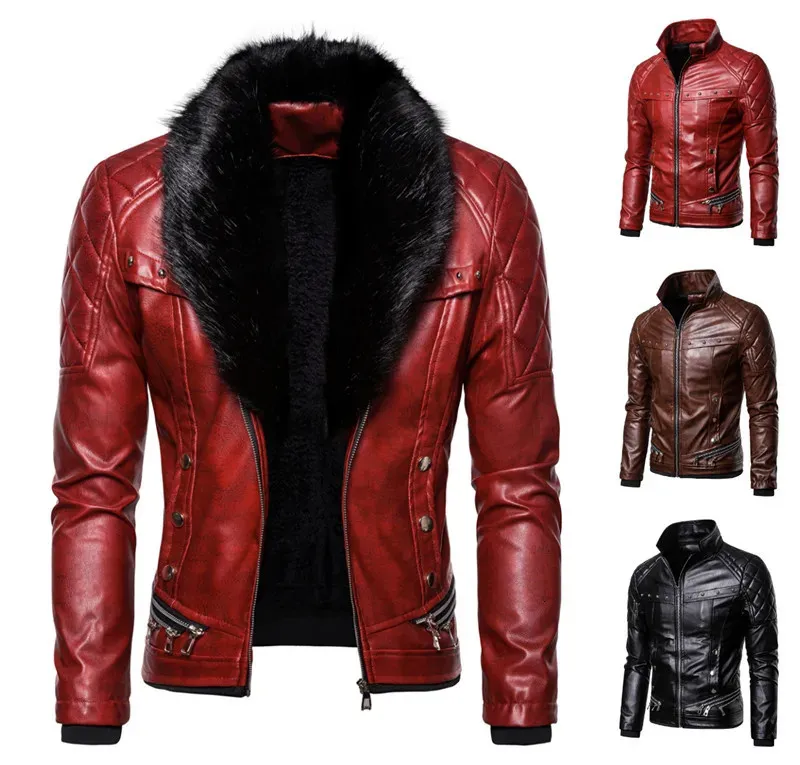 Red men's motorcycle leather jacket with detachable faux fur collar ...