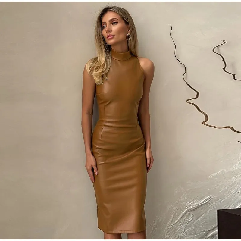 Leather High Collar sleeveless dress for Women - Elegant and Slimming for Parties and Evening Events (Style 241210) Leather High Collar sleeveless dress for Women - Elegant and Slimming for Parties and Evening Events (Style 241210)