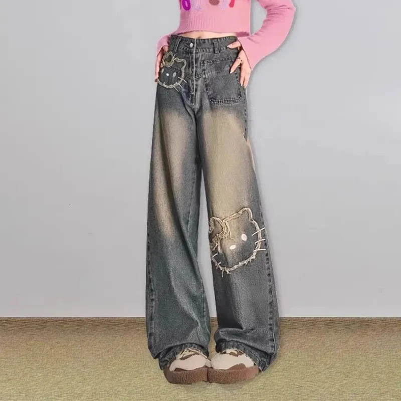 ’Cat’Printed Vintage Wide Denim Pants Wide Leg Denim Pants For Women Vintage Kitty Cat Embroidery