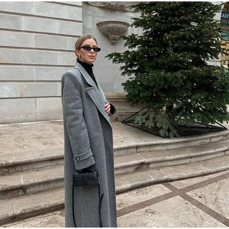 epine volume wool tailored coat gray⭐️ Autumn Gray Wool Coat For Women Long Single Breasted Corset Style