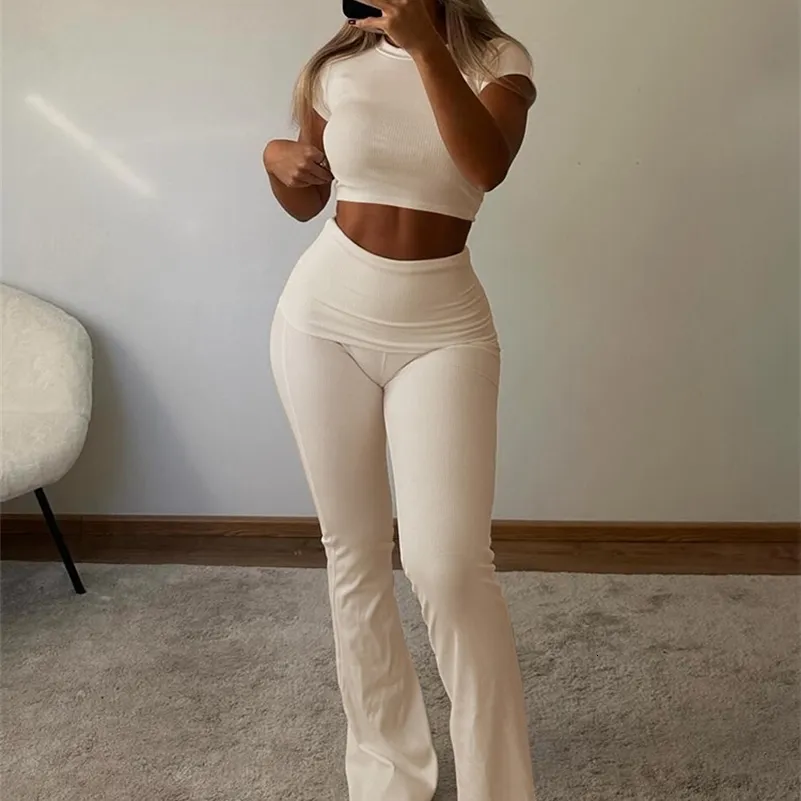 Save Big on Bulk Funky Tracksuit Cropped Tracksuit Women's Piece Set:  Solid Color Short Sleeve Top Flare Pants Lightweight For Daily Use Best 