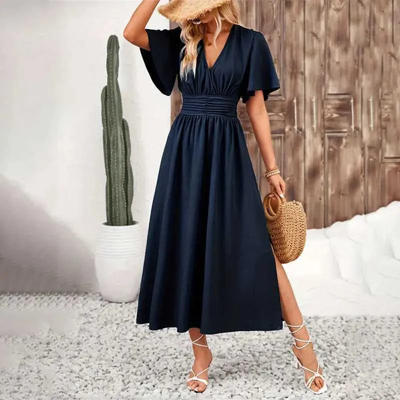 sachin and babi light blue dress Y. KUKU New Womens Long Fashion Holiday Party Dress Short Sve V Collar  Solid High Quality Vestidos Womens 2024 W241210 From Katcho, $11.21