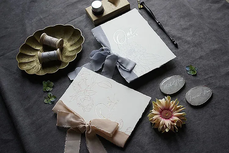 Teared Ribon Wedding Oath Cards With Silk Ribbon Hand Teared Edges, Bridal & Groom ...