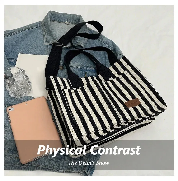Versatile Vertical Stripes Shoulder Bag Womens Large Capacity Casual Multi Pocket Canvas Handbag Womens Shoulder Bag 241210
