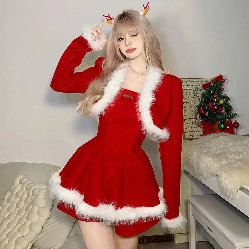 Save Big on Bulk Long Sleeve Winter Party Dress Christmas Party Strapless  Dress With Plush Border Long Sleeve Cardigan Jacket For Holiday Occasion |  ...