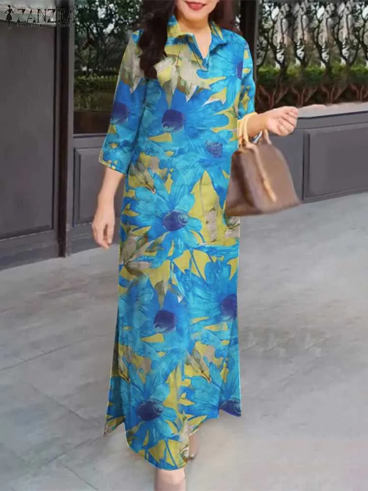 ZANZEA 2024 Fashion Collar Long Vestitos 3/4 Sve Comte Womens Sewing Bottom  Shirt Dress Flower Printed Casual Cotton Long Dress W241210 From Katcho,  $11.7 | DHgate.Com