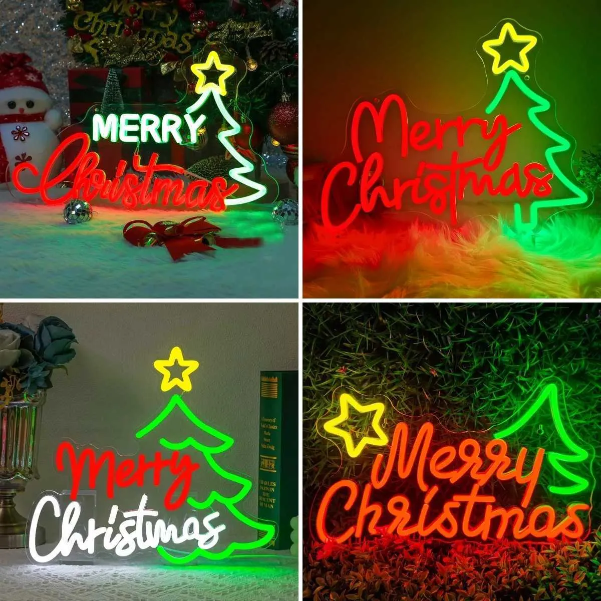 Merry Christmas Neon Sign – Dimmable USB LED Light, 16.9x11.8 Inch, With Tree & Santa Motif, For Wall Decor, Parties, Bars