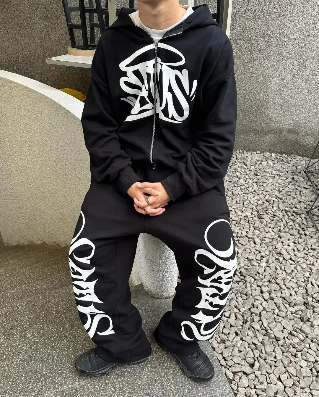Mens Acrylic Hip Hop Zip Up Hoodie & Sweatpants Set, Cotton Liner