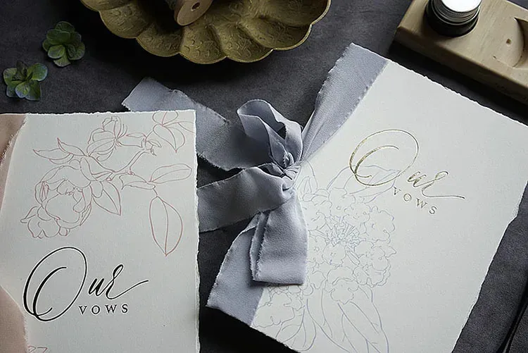 Teared Ribon Wedding Oath Cards With Silk Ribbon Hand Teared Edges, Bridal & Groom ...