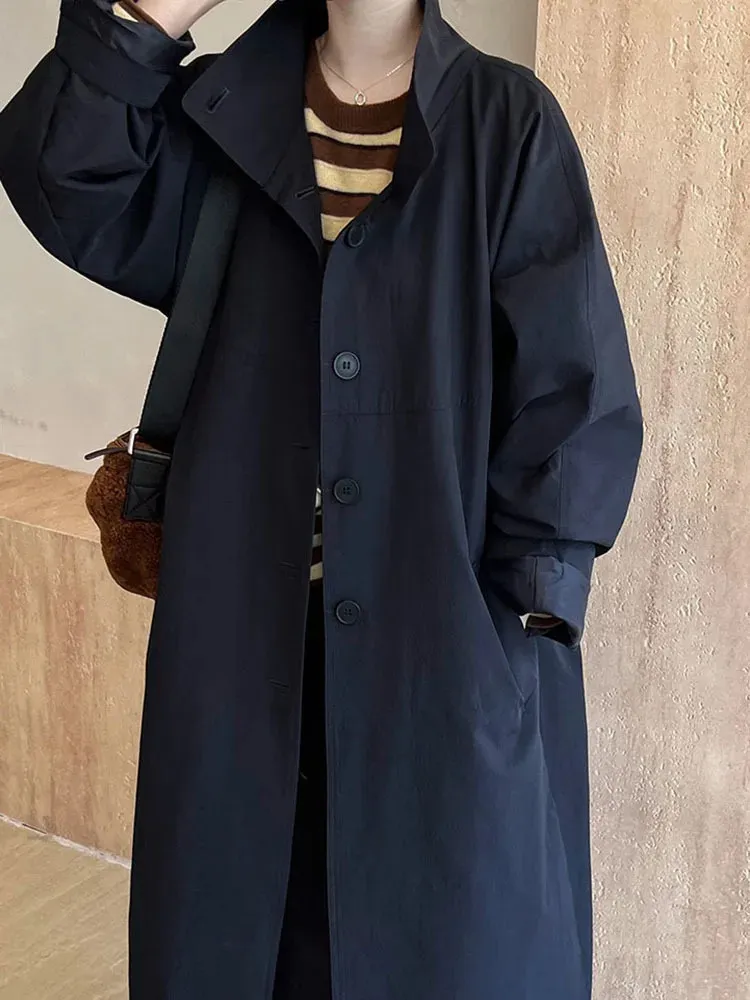 Womens Plus Size Windbreaker Navy Blue Long Trench Coat Elegant