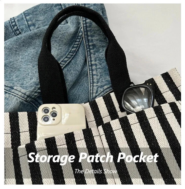 Versatile Vertical Stripes Shoulder Bag Womens Large Capacity Casual Multi Pocket Canvas Handbag Womens Shoulder Bag 241210