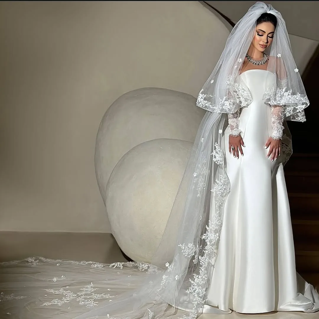 mermaid winter wedding dresses Modest Winter Lace High-neck Bell Sleeve Mermaid Wedding Dress
