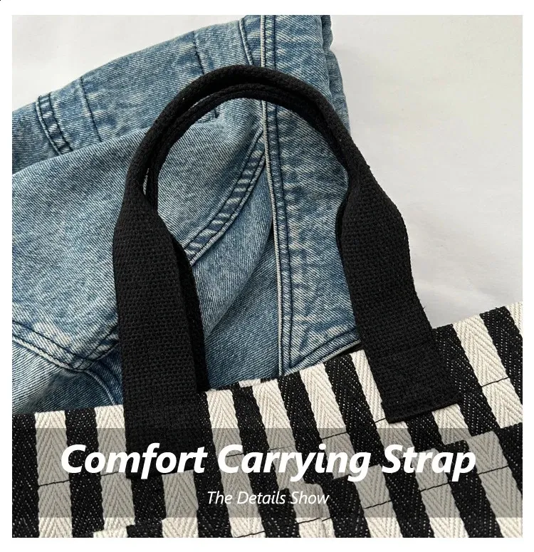 Versatile Vertical Stripes Shoulder Bag Womens Large Capacity Casual Multi Pocket Canvas Handbag Womens Shoulder Bag 241210