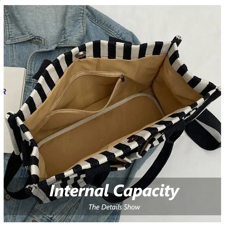 Versatile Vertical Stripes Shoulder Bag Womens Large Capacity Casual Multi Pocket Canvas Handbag Womens Shoulder Bag 241210