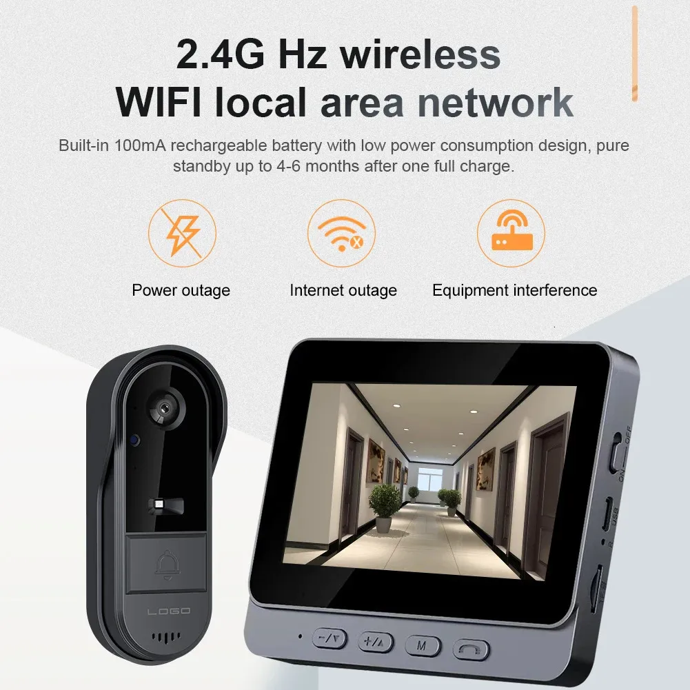 Cámara De Video Para Mirilla Inalámbrica 2.4GHz, 1080P HD Con Pantalla IPS 4.3", Visión Infrarroja Y Detección De Movimiento, Batería De 5000mAh