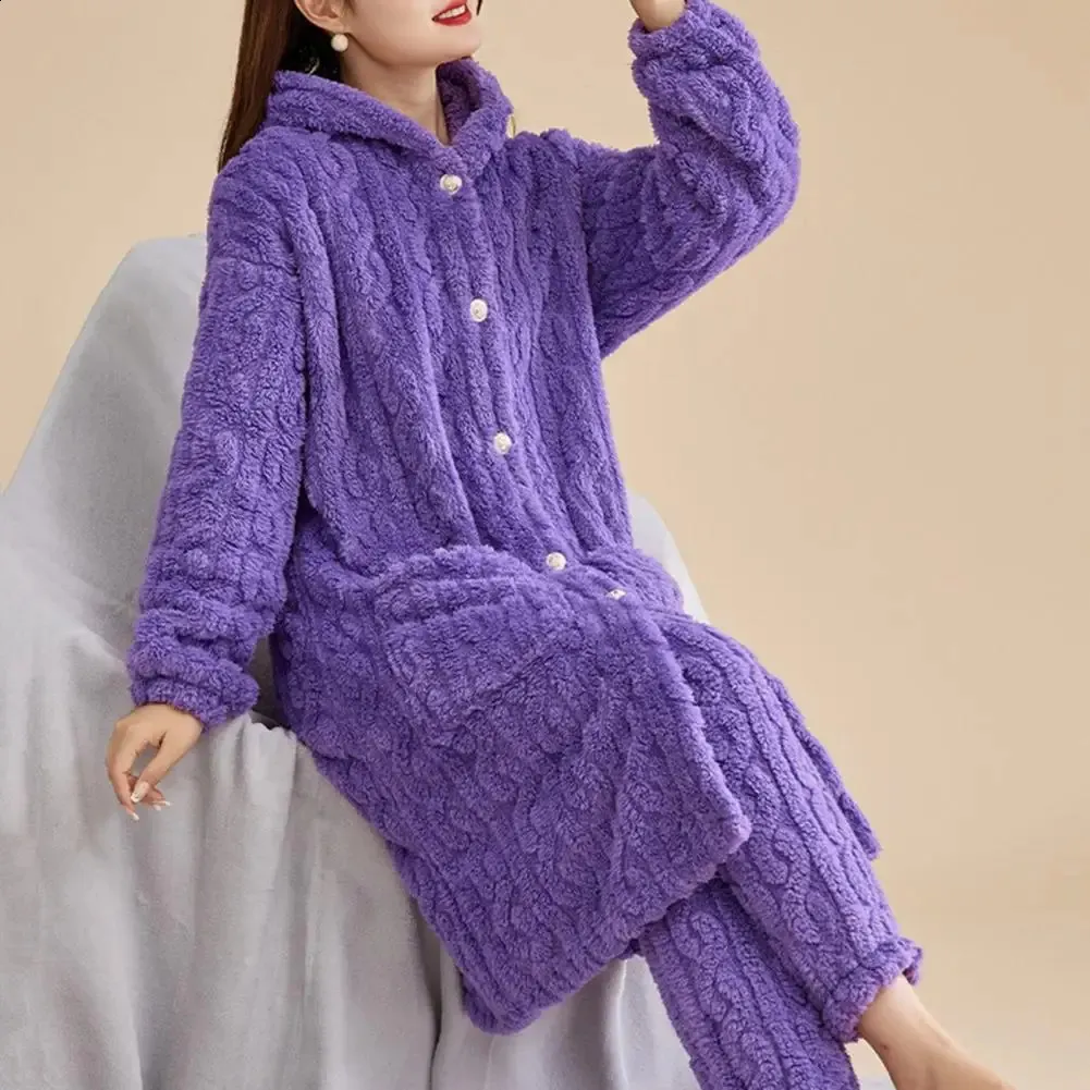 2-piece winter women's bathroom pants set thick hooded coral velvet ...