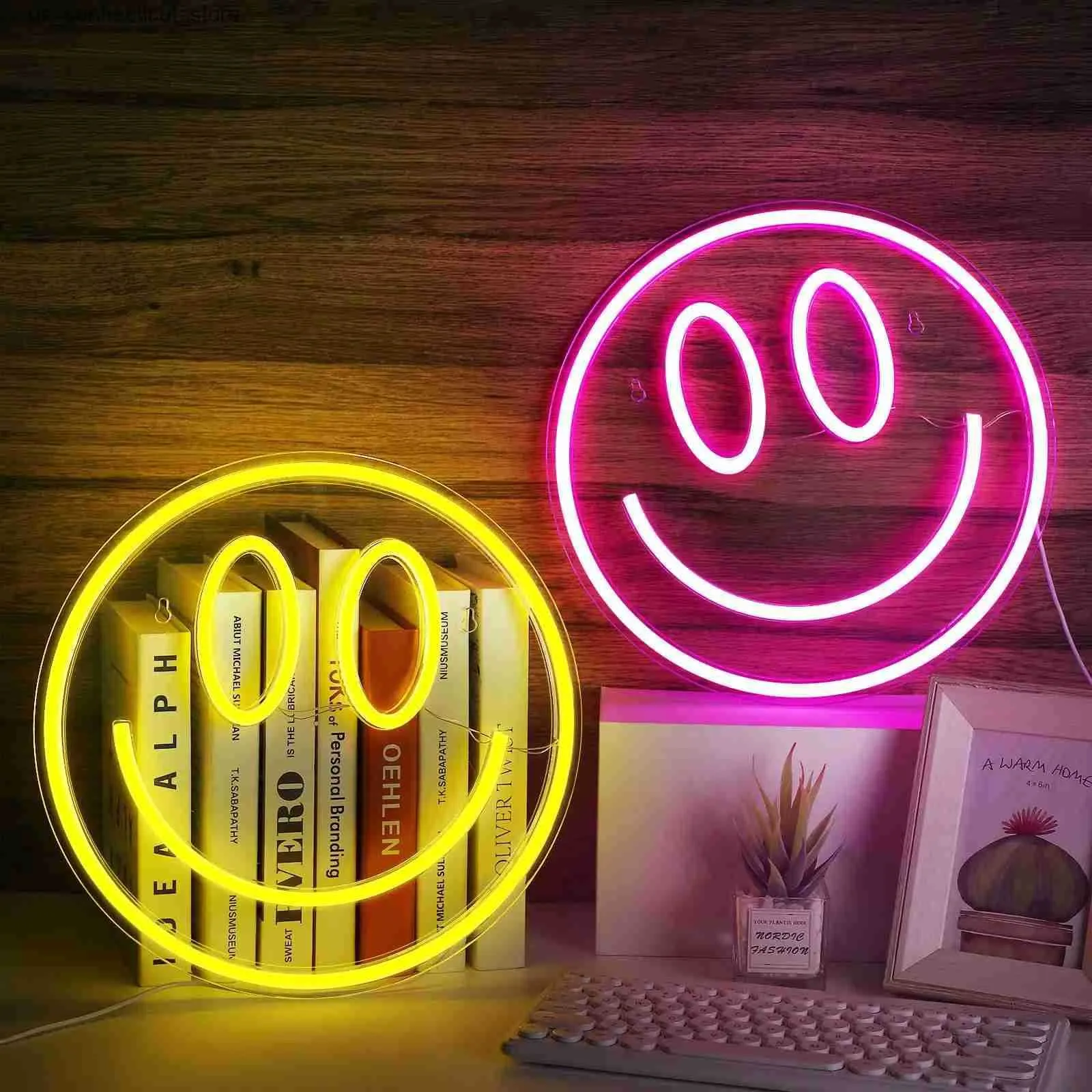 USB Powered Smiling Face LED Neon Sign - Yellow & Pink Neon