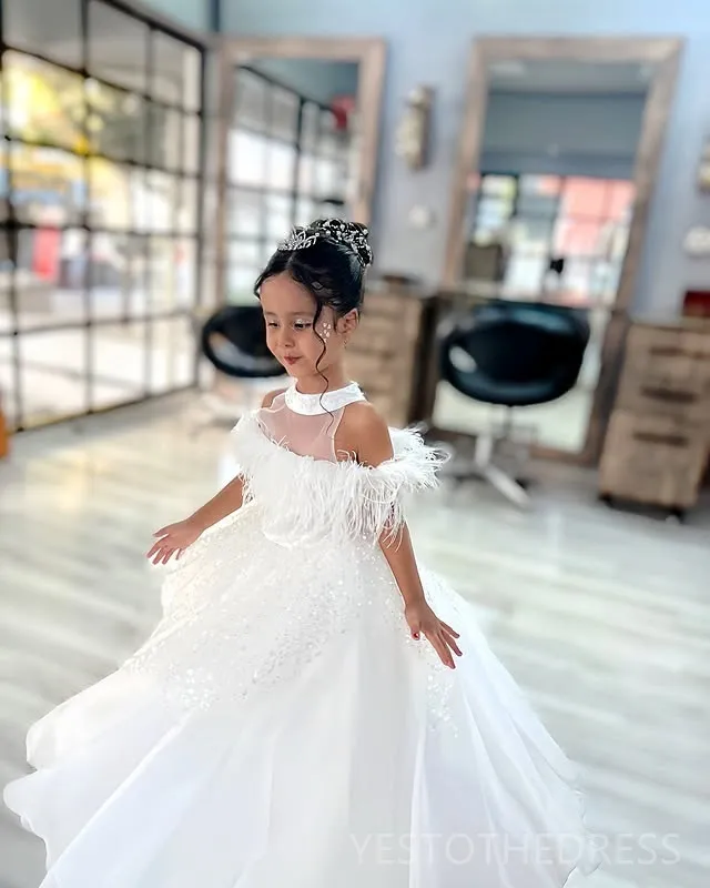 Ivory Flower Girl Dress for Toddler Girls Halter Lace Tulle Ball Gown with  Feathered Sequins and Tiered Ruffles for Communion Wedding from Dhgate  Flower Girls' Dresses - price 100.47