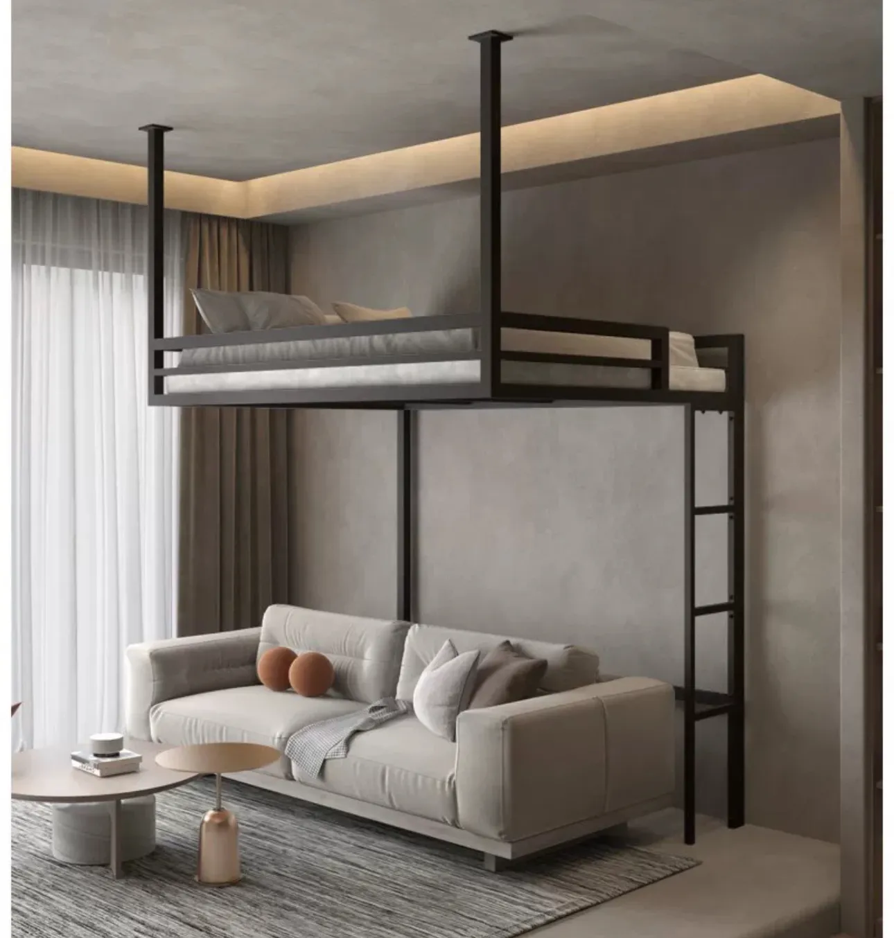 Modern Wrought Iron Loft Bed With Hanging Hammock Overhead Bed For