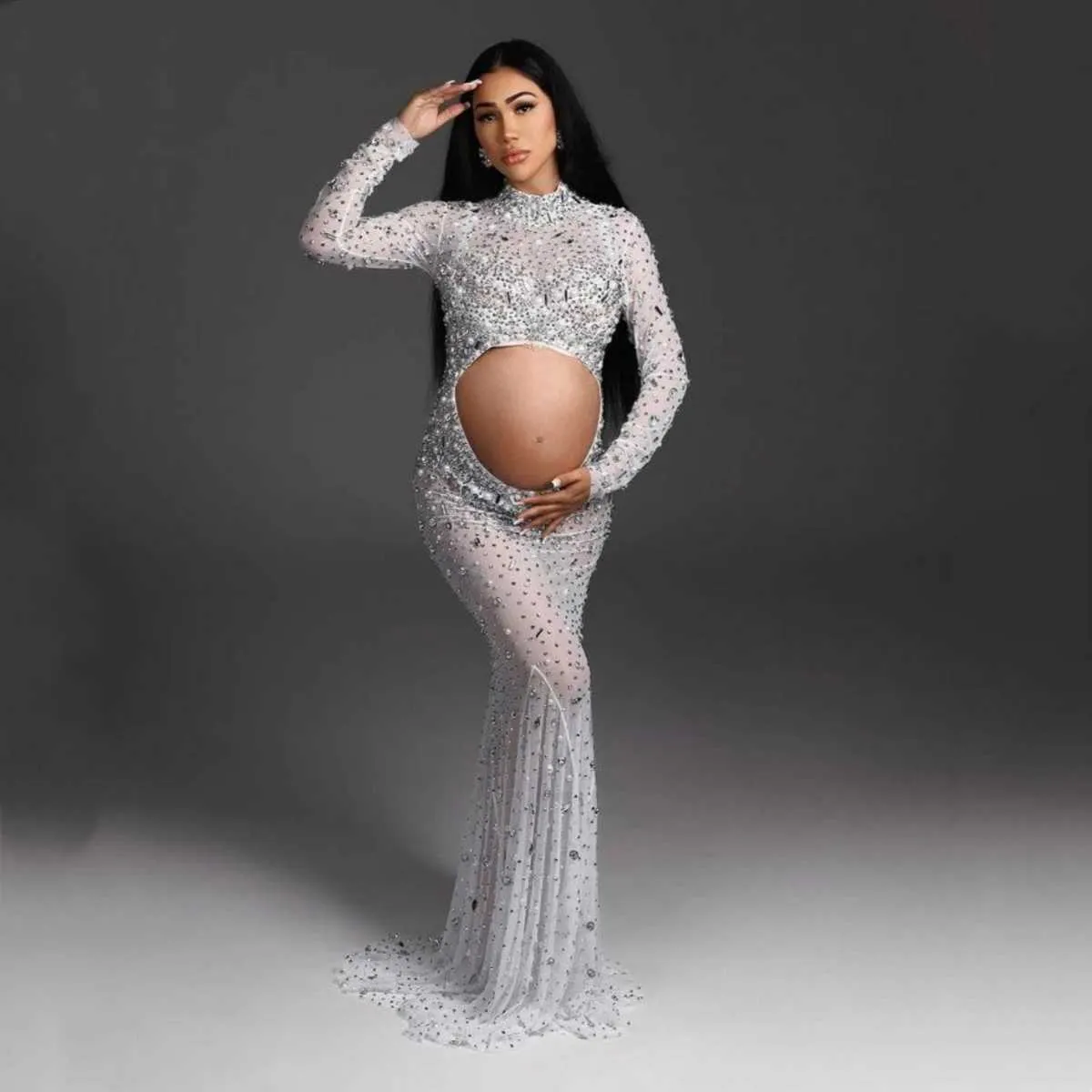 silver glitter maternity dress Momyknows Glitter Sequin One Shoulder Mermaid Elegant Christmas Evening  Gown Maternity Photoshoot Maxi Dress main image 1