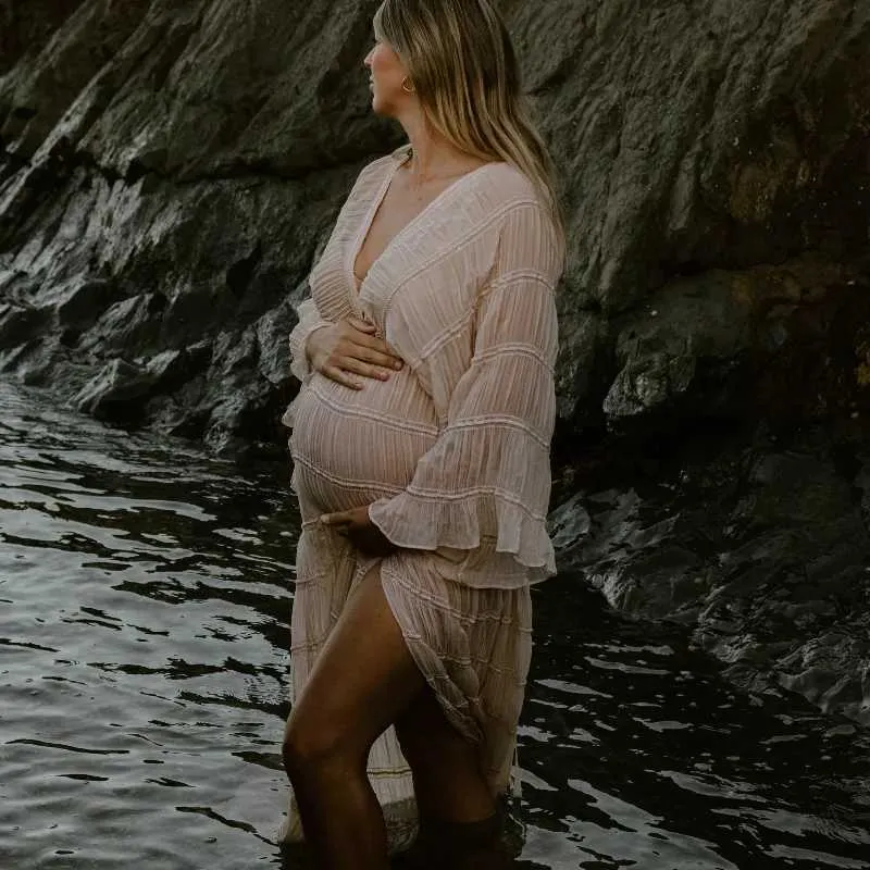 Bohemian ruffle maternity dress long sleeved beige polyester voile baby  shower outfit W241211 from Dhgate Maternity Dresses - price 79.31