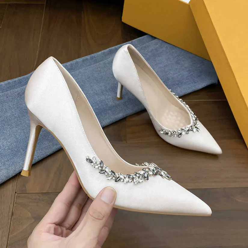 Champagne Rhinestone Pointed Toe High Heels for Women Elegant Sexy Slim  Heels