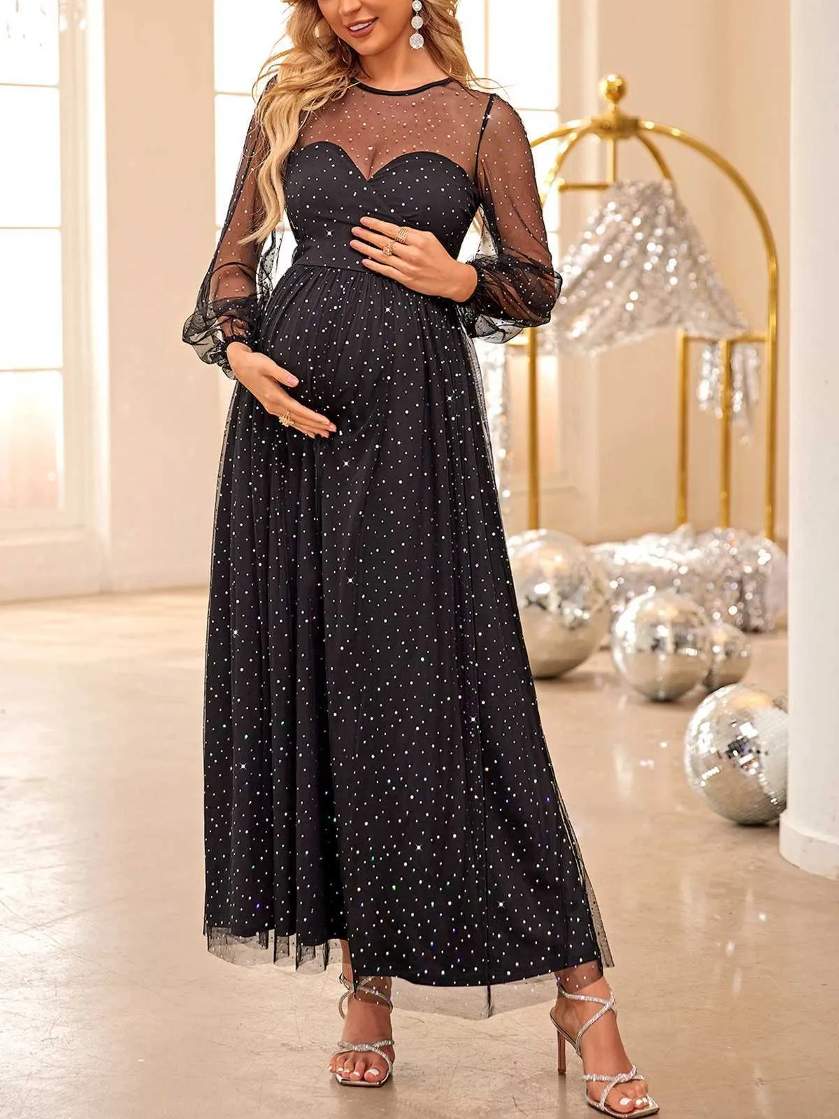 green emerald velvet dress Champagne Glitter Top Maternity Tulle Maxi Dress