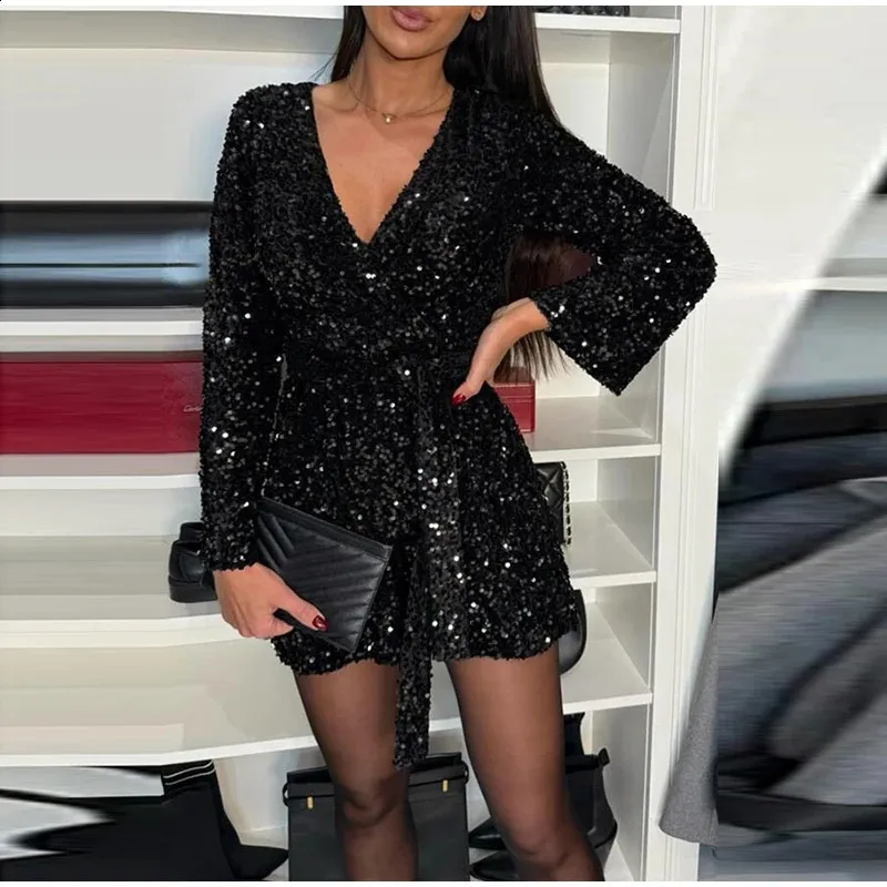 Black Halter V Neck Sequined Mini Dress Sparkly Ruffles