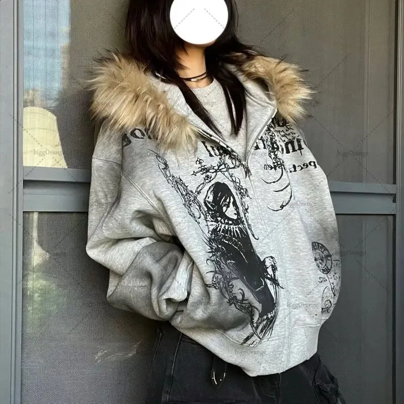 Y2K Fashion Harajuku Fur Collar Jacket Hip Hop Personalized