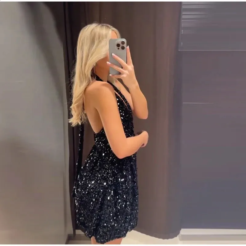 Black Halter V Neck Sequined Mini Dress Sparkly Ruffles