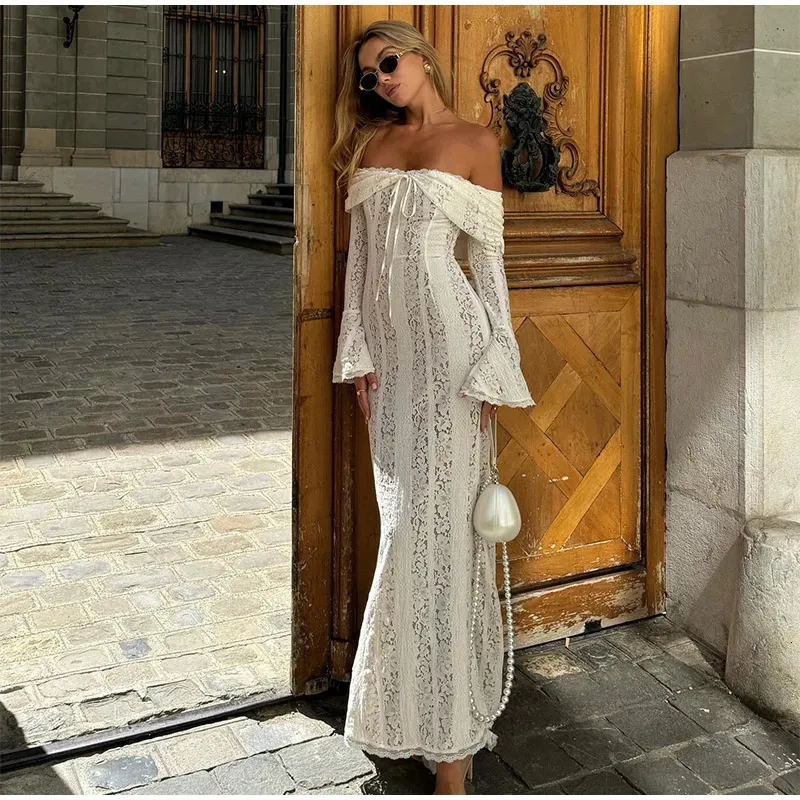 slim fit dress slacks Vintage Floral Lace Off Shoulder Maxi Dress