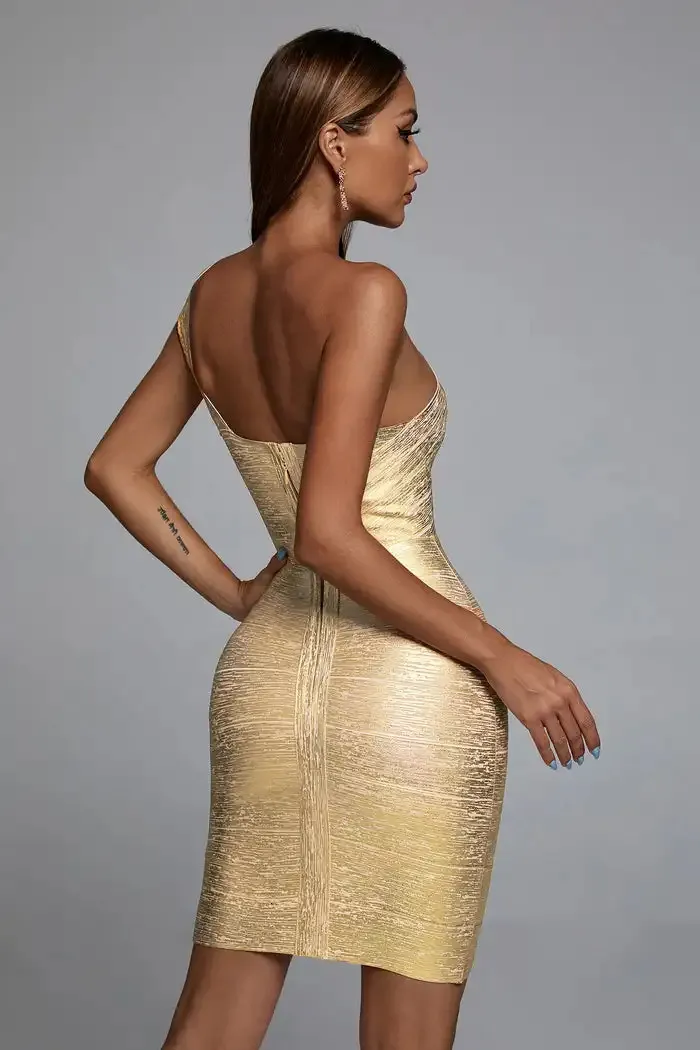 Sexy One Shoulder Bandage gold cocktail dress for Women - Gold/Silver Sleeveless Bodycon gold cocktail dress Perfect for Summer Parties and Clubs -